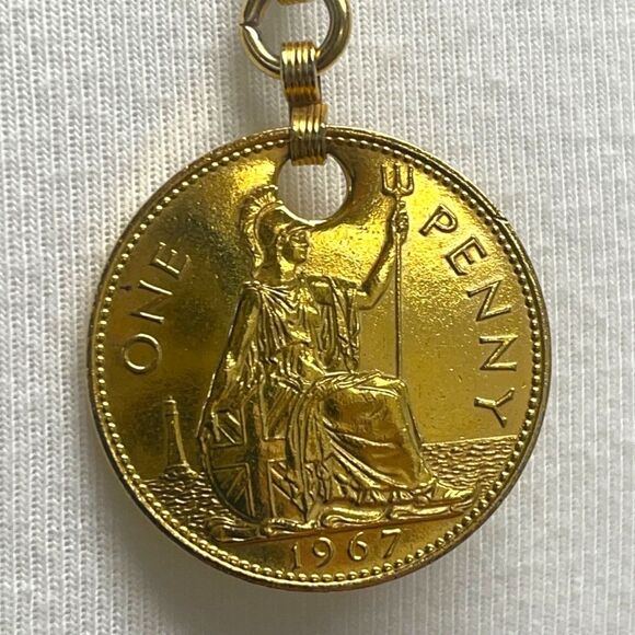 Vintage Queen Elizabeth II One Pense Gold tone 1967 Coins Chain Statement belt - Picture 7 of 16